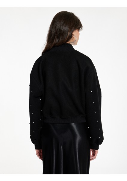 Uzun Kollu Cepli Kolej Yaka Fermuarlı Crop Taşlı Kaşe Bomber Ceket fırsatları