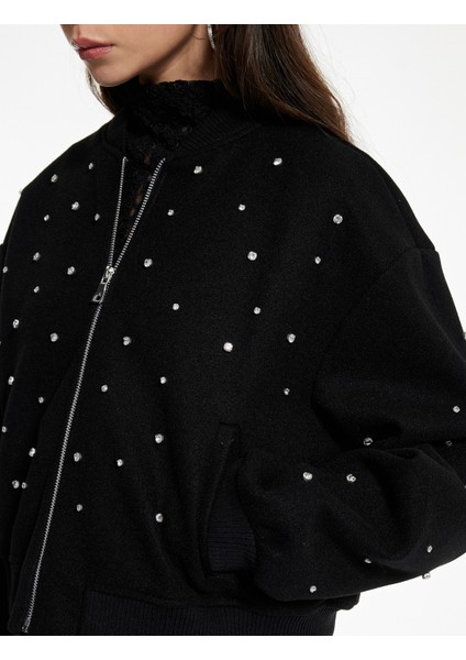 Uzun Kollu Cepli Kolej Yaka Fermuarlı Crop Taşlı Kaşe Bomber Ceket indirimleri