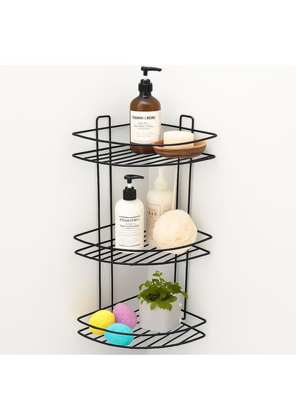 Siyah Vidalı 3 Katlı Köşe Şampuanlık Duş Rafı Metal Banyo Organizeri Paslanmaz Şampuan Sabunluk