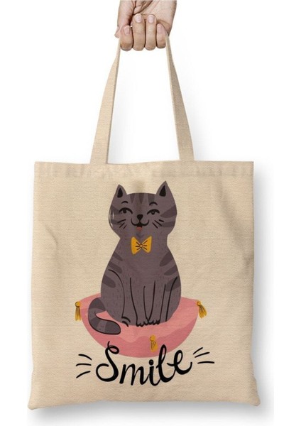 Smile Cat Gülen Kedi Kittens Beyaz Bez Çanta Uzun Saplı Alışveriş Çantası Plaj Çantası