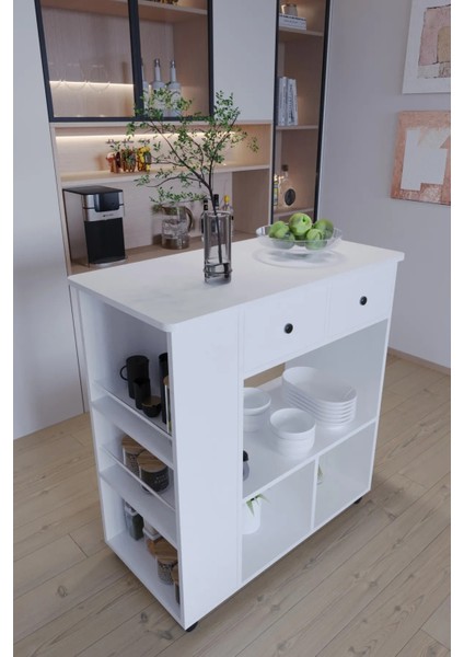 Tekerlekli I Kahve Köşesi Dolabı Oval Kenarlı Mikrodalga ve Tost Makinesi Uyumlu, Modern Tasarım