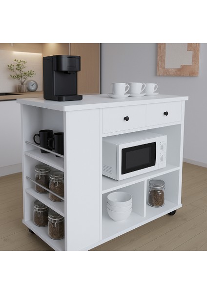 Tekerlekli I Kahve Köşesi Dolabı Oval Kenarlı Mikrodalga ve Tost Makinesi Uyumlu, Modern Tasarım modelleri