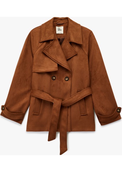 Kruvaze Yaka Cep Detaylı Kemerli Uzun Kollu Suni Süet Trençkot