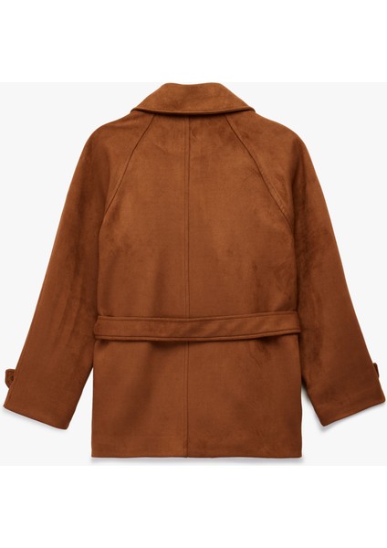 Kruvaze Yaka Cep Detaylı Kemerli Uzun Kollu Suni Süet Trençkot fiyatları