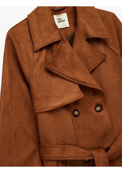 Kruvaze Yaka Cep Detaylı Kemerli Uzun Kollu Suni Süet Trençkot modelleri