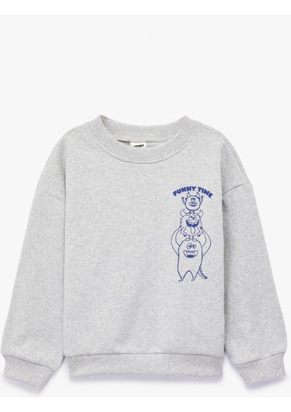 Canavar Baskılı Uzun Kollu Bisiklet Yaka Sweatshirt