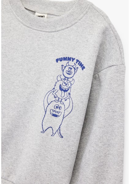 Canavar Baskılı Uzun Kollu Bisiklet Yaka Sweatshirt modelleri