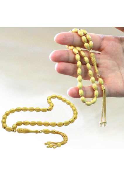 Üçlü Kamçı Püsküllü Greek Tasarım Arpa Kesim Altın Renk 925 Ayar Gümüş Tesbih fiyatları