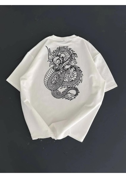 Baskılı Oversize Bisiklet Yaka T-Shirt - Beyaz modelleri