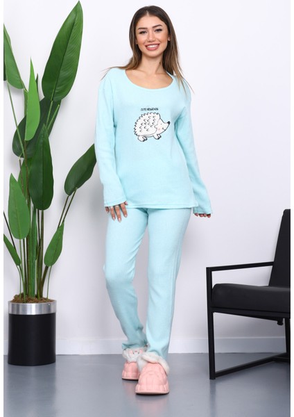 Su Yeşili Kışlık Pamuklu İnterlok Pijama Takımı