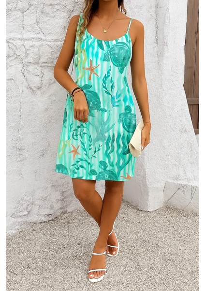 Kadın Askılı Yuvarlak Yaka Kaplumbağa Desenli Süprem Elbise