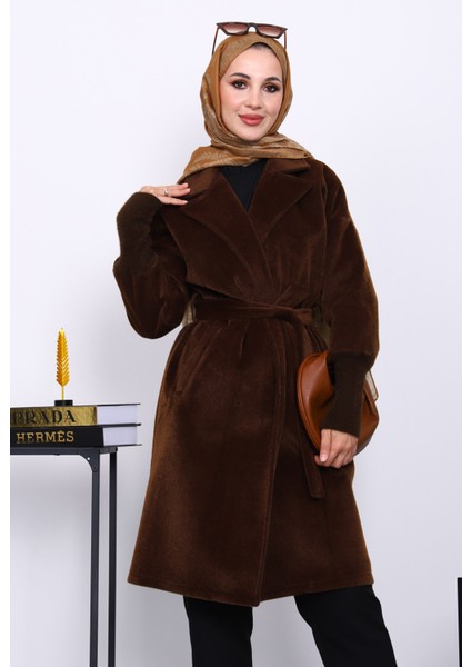 Kahverengi Bel Kuşaklı Çift Cepli Angora Kaban