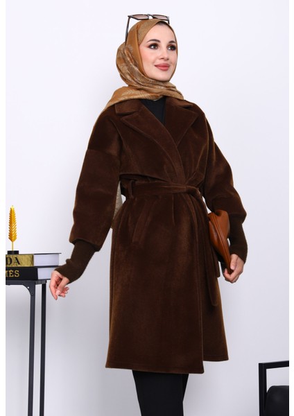 Kahverengi Bel Kuşaklı Çift Cepli Angora Kaban modelleri