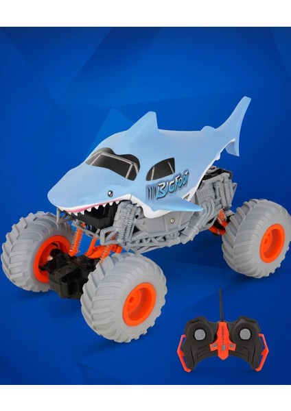 Rc Monster Truck Köpekbalığı Tasarımlı Uzaktan Kumandalı Off-Road Araba Mavi Gri Truncu fırsatları