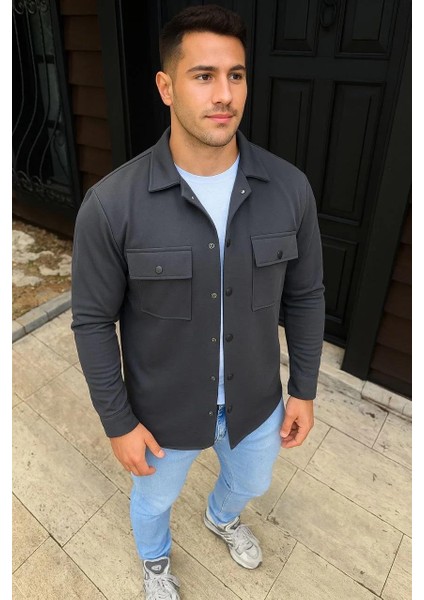 Erkek Diagonal Kumaş Cepli Çıtçıtlı Uzun Kollu, Gömlek Oversize Rahat Kalıp Günlük Şık Stil - Füme