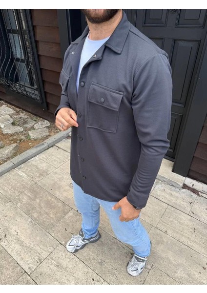 Erkek Diagonal Kumaş Cepli Çıtçıtlı Uzun Kollu, Gömlek Oversize Rahat Kalıp Günlük Şık Stil - Füme modelleri
