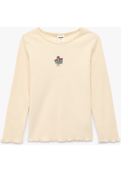 Çiçek Nakış Detaylı Uzun Kollu Bisiklet Yaka Pamuklu Tişört