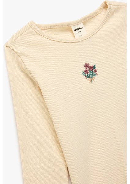 Çiçek Nakış Detaylı Uzun Kollu Bisiklet Yaka Pamuklu Tişört modelleri