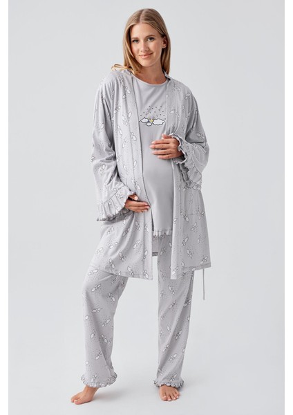 Uzun Kollu Desenli Esnek Pamuklu Hamile Sabahlık Pijama Takım 18300