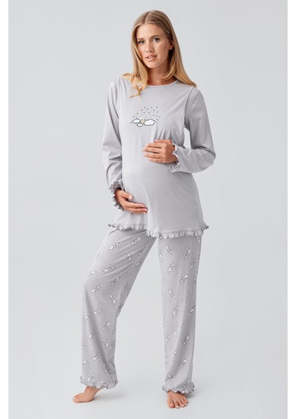 Uzun Kollu Desenli Esnek Pamuklu Hamile Sabahlık Pijama Takım 18300 fiyatları