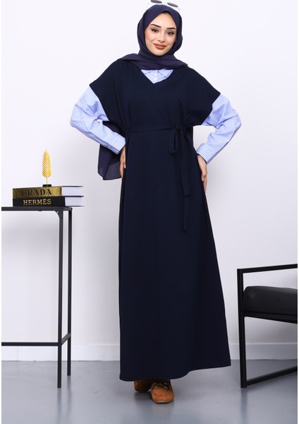 Lacivert Gömlek Garnili İki İplik Elbise