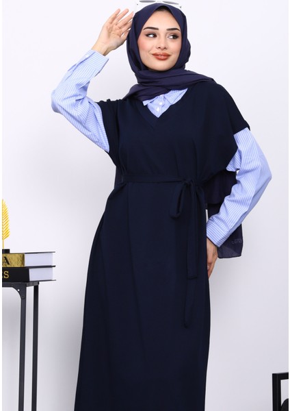 Lacivert Gömlek Garnili İki İplik Elbise modelleri