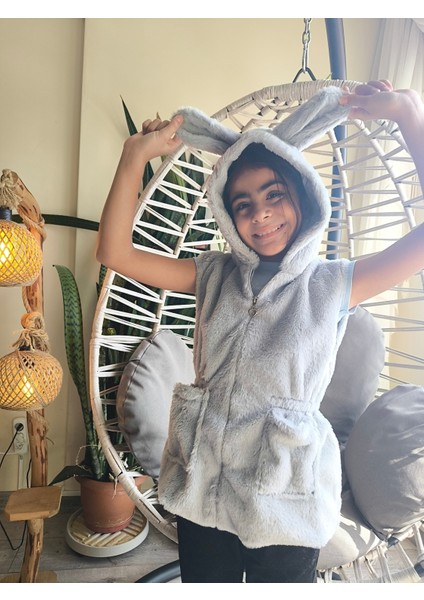 kız Çocuk Kapşonlu Kürklü Peluş Cepli Belden Büzgülü Astarlı %100 Pamuk Yelek Gri