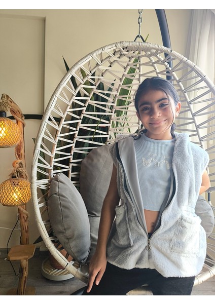 kız Çocuk Kapşonlu Kürklü Peluş Cepli Belden Büzgülü Astarlı %100 Pamuk Yelek Gri fırsatları