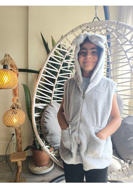 kız Çocuk Kapşonlu Kürklü Peluş Cepli Belden Büzgülü Astarlı %100 Pamuk Yelek Gri indirimleri