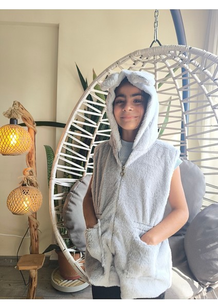 kız Çocuk Kapşonlu Kürklü Peluş Cepli Belden Büzgülü Astarlı %100 Pamuk Yelek Gri