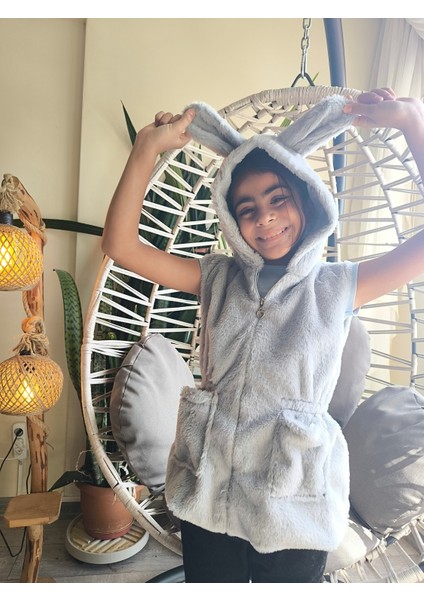 kız Çocuk Kapşonlu Kürklü Peluş Cepli Belden Büzgülü Astarlı %100 Pamuk Yelek Gri