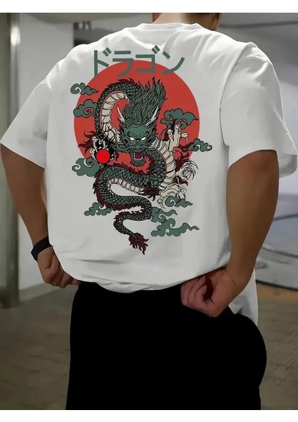 20/1 Penye Compack Ön Arka Ejder Baskılı Oversize Bisiklet Yaka T-Shirt - Beyaz