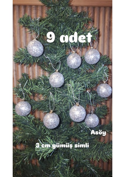 Yılbaşı Süsü Simli Gümüş Işıltılı Renkli Cici Top 3 cm 9lu Yılbaşı Yeni Yıl Çam Ağacı Süsü