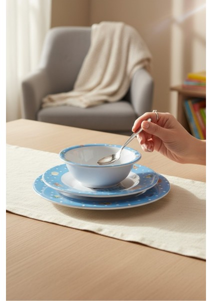 Fıtıfıtıbebe Desenli Çocuk Mavi Yemek Tabağı Seti -Mama Yemek Tabağı-Ek Gıda Tabağı