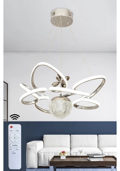 Modern 3 Renk Kumandalı Krom Büyük Boy Salon Avize Toplu LED Avize