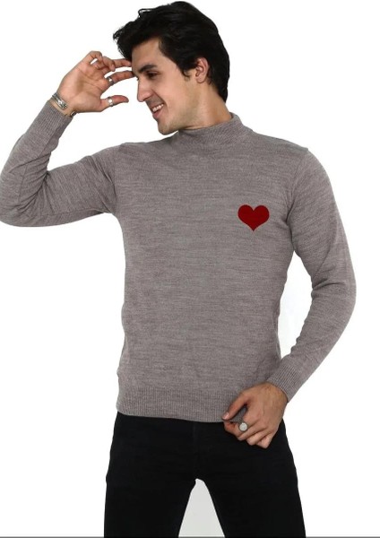 Unisex Yarım Boğazlı Baskılı Dokuma Triko - Vizon fiyatları