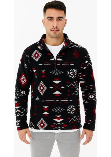 Erkek Yarım Fermuarlı Desenli Polar Sweat Tribal Etnik Desen Yakalı, Uzun Kollu, Oversize Rahat Kalıp, - Siyah