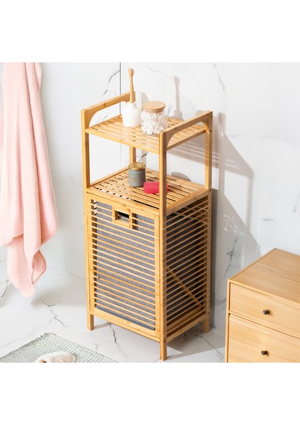 2063 Ahşap Bambu Kirli Sepetli 2 Raflı Çok Amaçlı Banyo Düzenleyici Organizer Banyo Dolabı Kirli Çamaşır Sepeti Organizeri