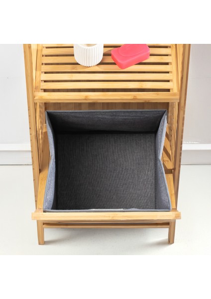 2063 Ahşap Bambu Kirli Sepetli 2 Raflı Çok Amaçlı Banyo Düzenleyici Organizer Banyo Dolabı Kirli Çamaşır Sepeti Organizeri fiyatları