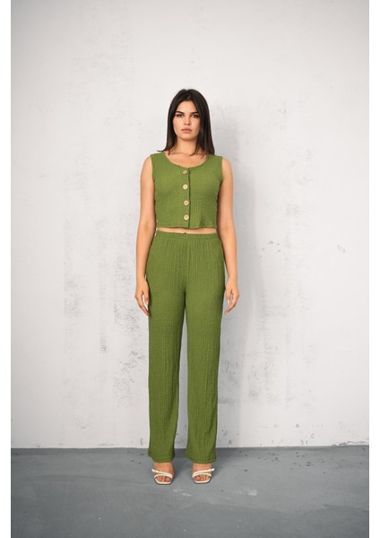 Kadın Gofre Takım Yelekli - Yelek ve Pantolon - Yazlık Takım