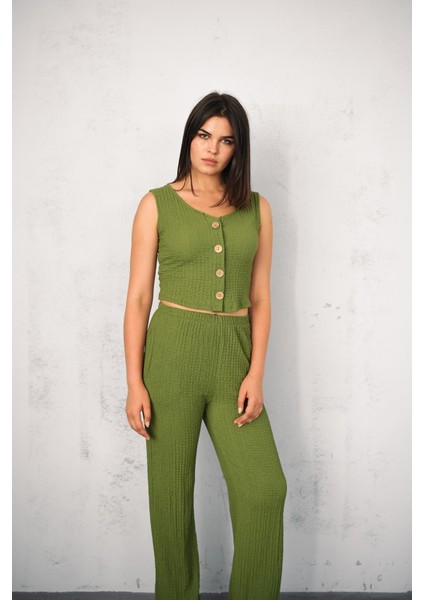 Kadın Gofre Takım Yelekli - Yelek ve Pantolon - Yazlık Takım indirimleri
