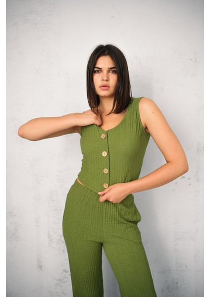 Kadın Gofre Takım Yelekli - Yelek ve Pantolon - Yazlık Takım