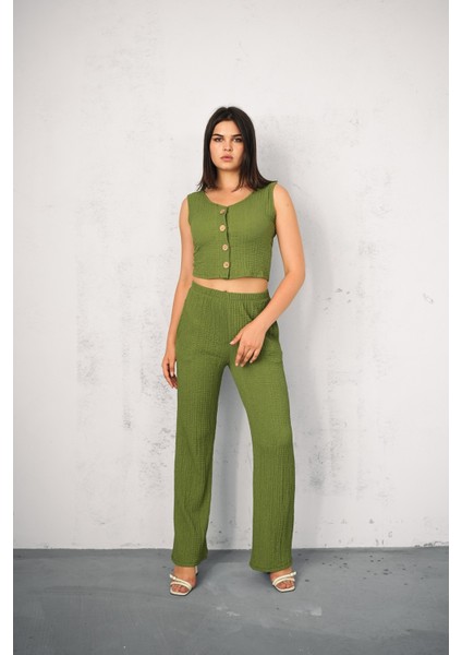 Kadın Gofre Takım Yelekli - Yelek ve Pantolon - Yazlık Takım