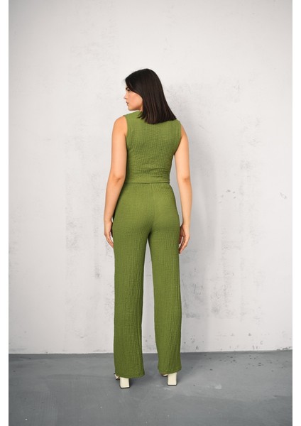 Kadın Gofre Takım Yelekli - Yelek ve Pantolon - Yazlık Takım