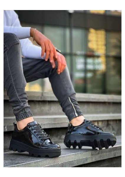 Siyah Rugan Siyah Yüksek Taban Günlük Spor Ayakkabı