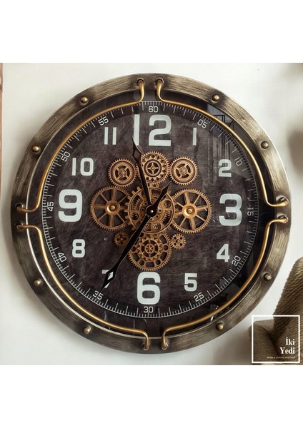 Dacosta 60 cm Metal Döner Çarklı Duvar Saati Endüstriyel Mekanik Büyük Saat Ev Ofis Dekoru