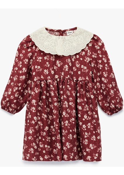 Uzun Kollu Bebe Yaka Çiçekli Viskon Elbise