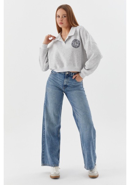 Polo Yaka Şardonlu Sweatshirt Grı Melange fiyatları