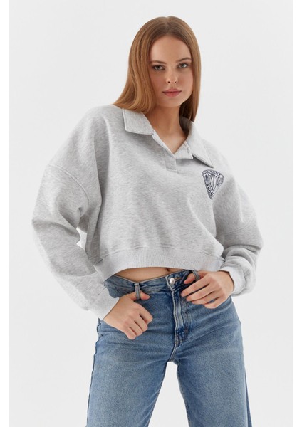 Polo Yaka Şardonlu Sweatshirt Grı Melange fırsatları