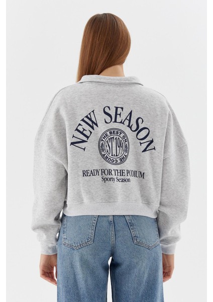 Polo Yaka Şardonlu Sweatshirt Grı Melange indirimleri